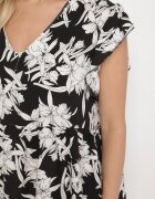 defox Rochie neagră din bumbac cu croi cloș cu flori Libella