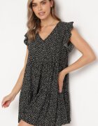 defox Rochie Neagră din Bumbac cu Croială Cloș cu Buline Giavina