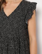 defox Rochie Neagră din Bumbac cu Croială Cloș cu Buline Giavina