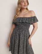 defox Rochie Neagră din Bumbac cu Decolteu Spaniol și Partea de sus Drapată cu Flori Samorea