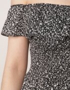 defox Rochie Neagră din Bumbac cu Decolteu Spaniol și Partea de sus Drapată cu Flori Samorea