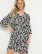 defox Rochie Neagră din bumbac cu flori cu croi cloș Jenaleira