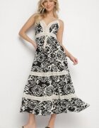 defox Rochie Neagră Din Bumbac Evazată Cu Imprimeu Etnic Cu Dantelă Taliosha
