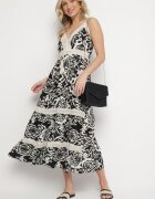 defox Rochie Neagră Din Bumbac Evazată Cu Imprimeu Etnic Cu Dantelă Taliosha