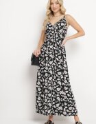 defox Rochie Neagră din bumbac evazată cu imprimeu floral cu bretele reglabile Rosapia
