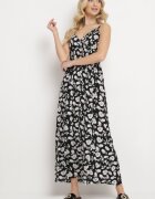 defox Rochie Neagră din bumbac evazată cu imprimeu floral cu bretele reglabile Rosapia