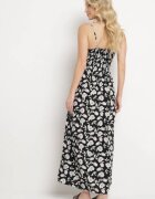defox Rochie Neagră din bumbac evazată cu imprimeu floral cu bretele reglabile Rosapia