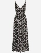 defox Rochie Neagră din bumbac evazată cu imprimeu floral cu bretele reglabile Rosapia