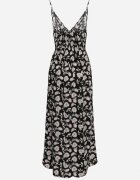 defox Rochie Neagră din bumbac evazată cu imprimeu floral cu bretele reglabile Rosapia