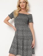defox Rochie neagră din bumbac stil spaniol cu bust încrețit cu elastic și volan Herira