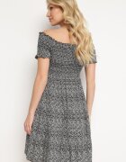 defox Rochie neagră din bumbac stil spaniol cu bust încrețit cu elastic și volan Herira
