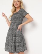 defox Rochie neagră din bumbac stil spaniol cu bust încrețit cu elastic și volan Herira