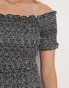 defox Rochie neagră din bumbac stil spaniol cu bust încrețit cu elastic și volan Herira