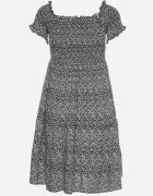 defox Rochie neagră din bumbac stil spaniol cu bust încrețit cu elastic și volan Herira