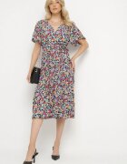 defox Rochie neagră evazată cu imprimeu floral cu decolteu petrecut plisată Lanasira