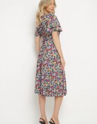 defox Rochie neagră evazată cu imprimeu floral cu decolteu petrecut plisată Lanasira