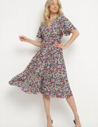 defox Rochie neagră evazată cu imprimeu floral cu decolteu petrecut plisată Lanasira