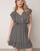 defox Rochie Neagră Evazată din Bumbac cu Imprimeu Floral cu Nasturi Ronelle