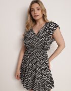 defox Rochie Neagră Evazată din Bumbac cu Imprimeu Floral cu Nasturi Ronelle