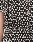 defox Rochie Neagră Evazată din Bumbac cu Imprimeu Floral cu Nasturi Ronelle