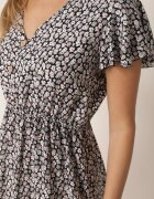 defox Rochie Negru-Albă de bumbac cu elastic în talie și cu model floral mic Napenia