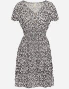 defox Rochie Negru-Albă de bumbac cu elastic în talie și cu model floral mic Napenia