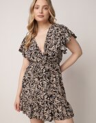defox Rochie Negru-Bej Cloș Din bumbac cu Elastic în Talie și Volane Nelsea
