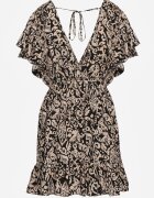 defox Rochie Negru-Bej Cloș Din bumbac cu Elastic în Talie și Volane Nelsea