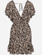 defox Rochie Negru-Bej Cloș Din bumbac cu Elastic în Talie și Volane Nelsea