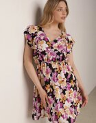 defox Rochie Negru-Roz Evazată din Bumbac cu Imprimeu Floral cu Elastic în Talie cu Volane Nelsara