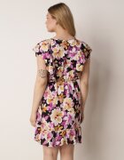 defox Rochie Negru-Roz Evazată din Bumbac cu Imprimeu Floral cu Elastic în Talie cu Volane Nelsara