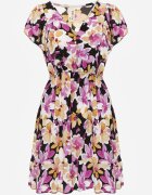 defox Rochie Negru-Roz Evazată din Bumbac cu Imprimeu Floral cu Elastic în Talie cu Volane Nelsara