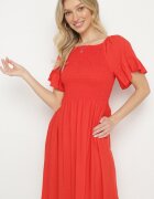 defox Rochie Roșie Cloș de bumbac cu Mâneci Bufante și Partea de Sus Elastică Veliova