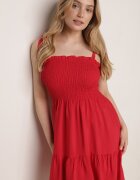defox Rochie Roșie Din Bumbac cu Top Elastic și Bretele de Legat Tolimea