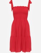 defox Rochie Roșie Din Bumbac cu Top Elastic și Bretele de Legat Tolimea