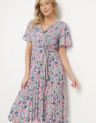 defox Rochie Roz Cloche Pliată Florală cu Decolteu Petrecut Lanasira