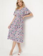 defox Rochie Roz Cloche Pliată Florală cu Decolteu Petrecut Lanasira