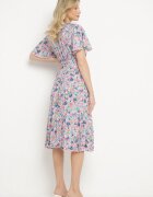 defox Rochie Roz Cloche Pliată Florală cu Decolteu Petrecut Lanasira