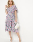 defox Rochie Roz Cloche Pliată Florală cu Decolteu Petrecut Lanasira