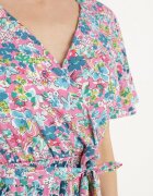 defox Rochie Roz Cloche Pliată Florală cu Decolteu Petrecut Lanasira