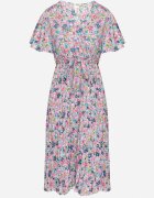 defox Rochie Roz Cloche Pliată Florală cu Decolteu Petrecut Lanasira