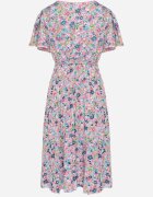 defox Rochie Roz Cloche Pliată Florală cu Decolteu Petrecut Lanasira