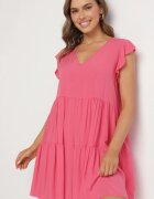 defox Rochie Roz Evazată din Bumbac Decorată cu Volane Natiriane