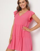 defox Rochie Roz Evazată din Bumbac Decorată cu Volane Natiriane