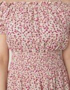 defox Rochie spaniolă Alb-Roșie din bumbac cu elastic în talie Viliana