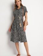 defox Rochie tip Cămașă din Bumbac Negru-Alb cu Imprimeu Floral cu Fustă Cloș Jerilsa