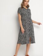 defox Rochie tip Cămașă din Bumbac Negru-Alb cu Imprimeu Floral cu Fustă Cloș Jerilsa
