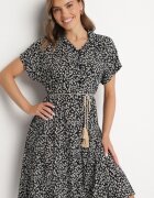 defox Rochie tip Cămașă din Bumbac Negru-Alb cu Imprimeu Floral cu Fustă Cloș Jerilsa
