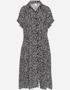 defox Rochie tip Cămașă din Bumbac Negru-Alb cu Imprimeu Floral cu Fustă Cloș Jerilsa