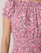 defox Rochie tip spaniolă Roz din bumbac florală cu elastic încrețit în talie Rosaliya